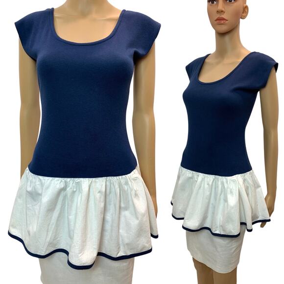 80s T Shirt Pencil Skirt Peplum Dress | Blue and White | Fits XXS/XS - Picture 2 of 9